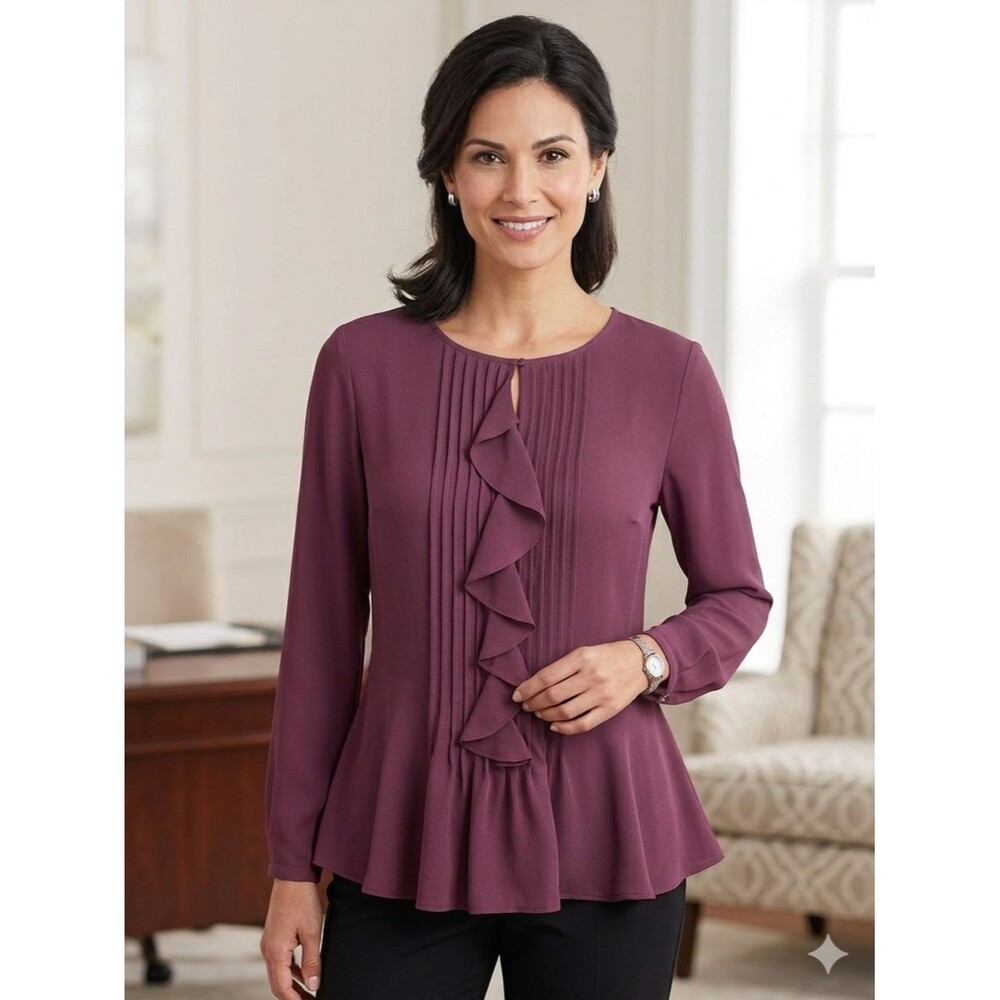 Banana Republic Pleated Ruffle Chiffon Blouse Secret Plum Purple Medium